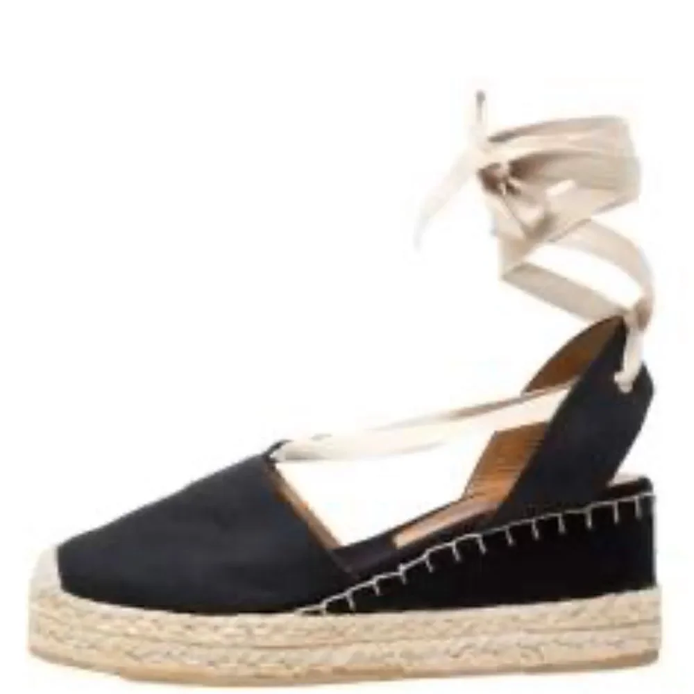 Ralph Lauren Black Uma Espadrille Wedge Ankle Wrap Platform Sandals Size 37